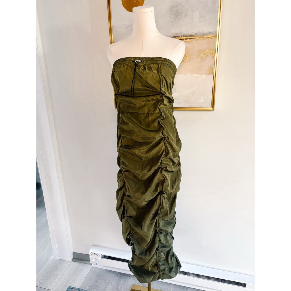 Cherry Mellow Olive Green Ruched Side Strapless Maxi Dress Large